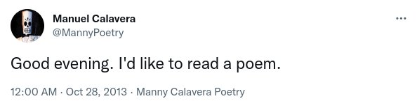 Text post: "Good evening. I'd like to read a poem."