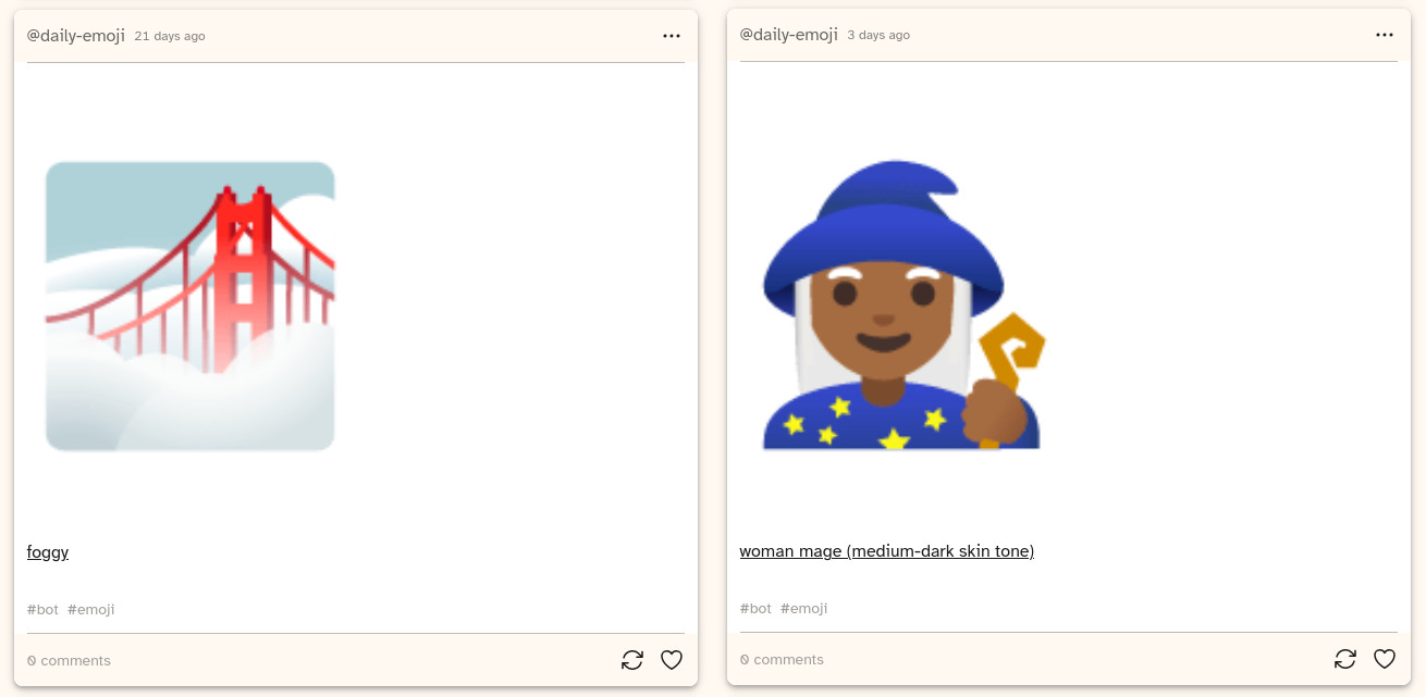Two image posts: the 'foggy' 🌁 and 'woman mage (medium-dark skin tone)' 🧙🏾‍♀ emoji