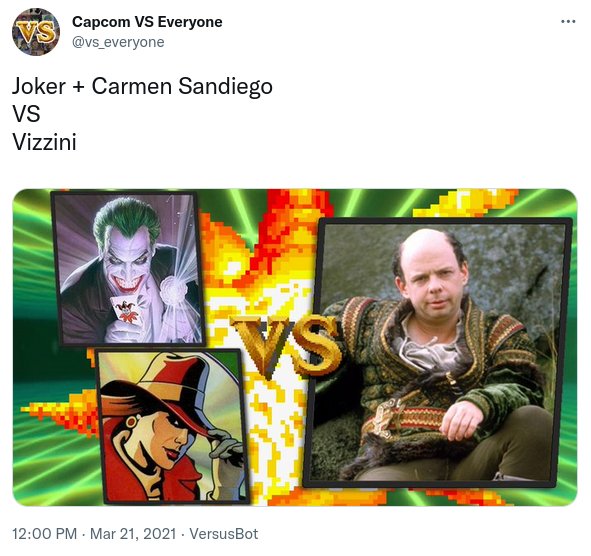 Image post showing a match-up between The Joker and Carmen Sandiego VS Vizzini (from Princess Bride), in a graphical frame that evokes a fighting game pre-match screen.