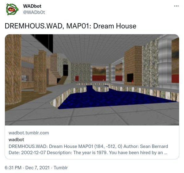 Image post showing a screenshot of a Doom level, a fanciful house. Map summary text is "DREMHOUS.WAD, MAP01: Dream House"